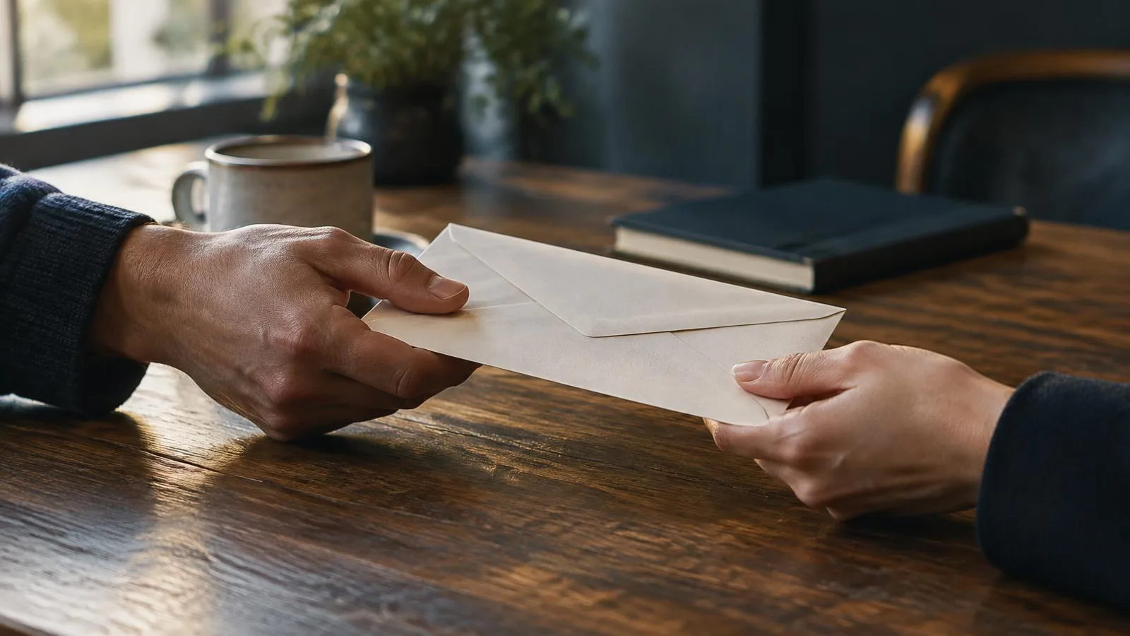 Two hands passing a sealed envelope across a wooden table.
