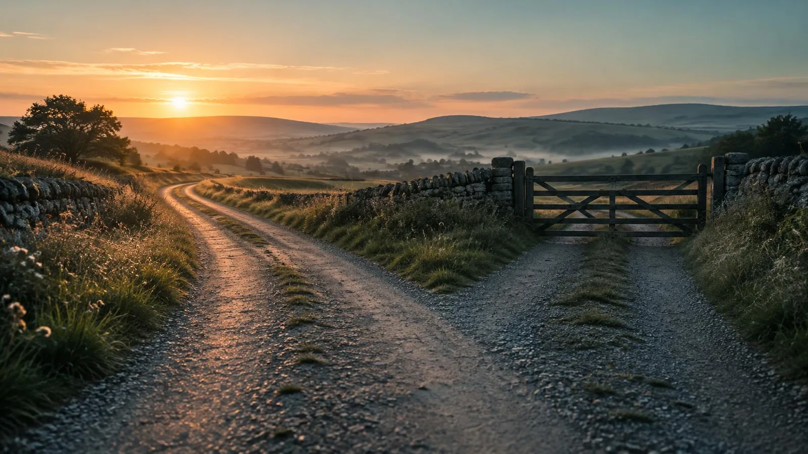 A quiet road forking at dawn, one path open and one ending at a closed gate.