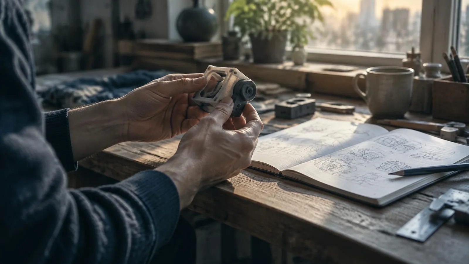 A founder's hands holding a small handmade prototype above a workbench.